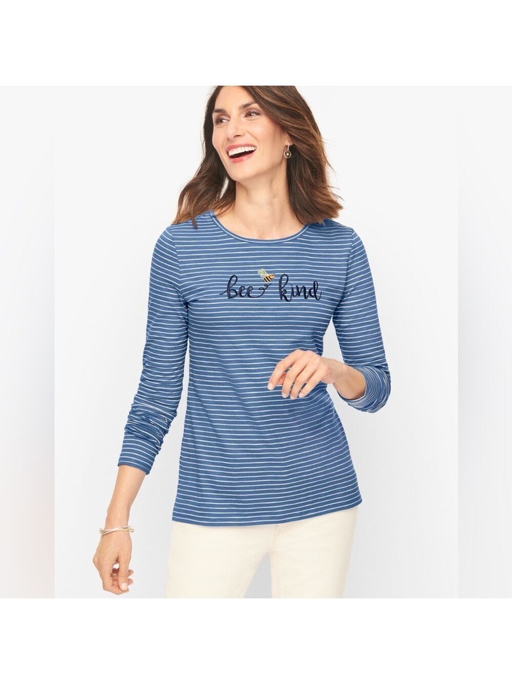 Talbots Cotton Crew-Neck Tee Bee Kind Striped Nautical Blouse Top Summer Spring